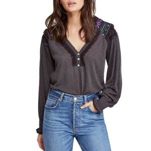 Free People SIESTA embroidered henley long sleeve